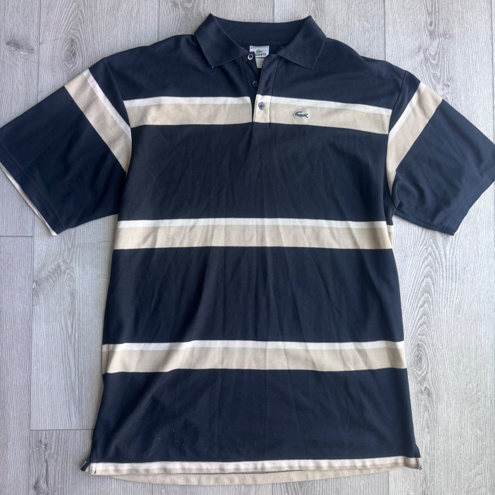 Vintage Lacoste Striped Polo Shirt black Tan Y2K Mens Size 9 XL XXL